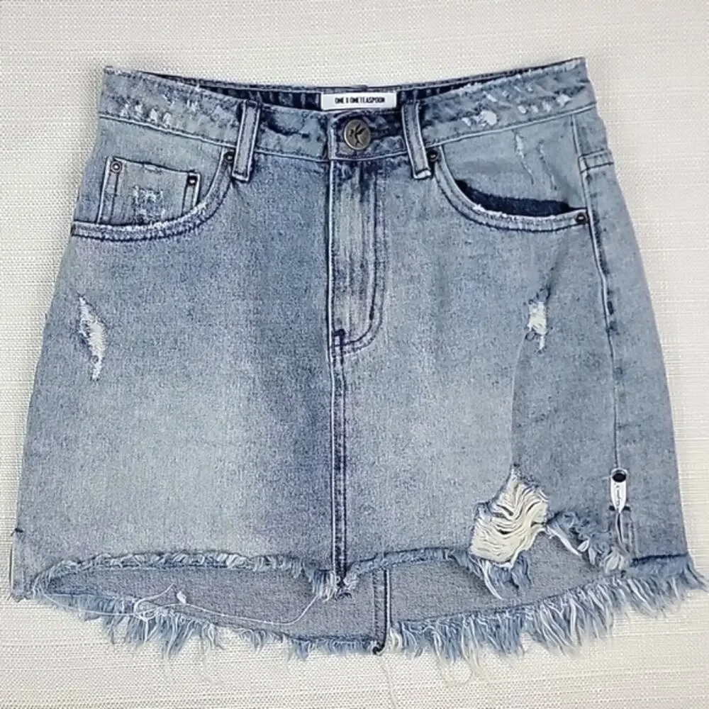 One‎ X One Teaspoon Acid Washed Destroyed Denim Jean Mini Skirt 28